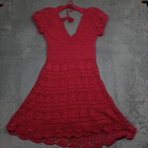 Love The Label Dress Womens Medium Red Mini Fit Flare Crochet Knit Tie